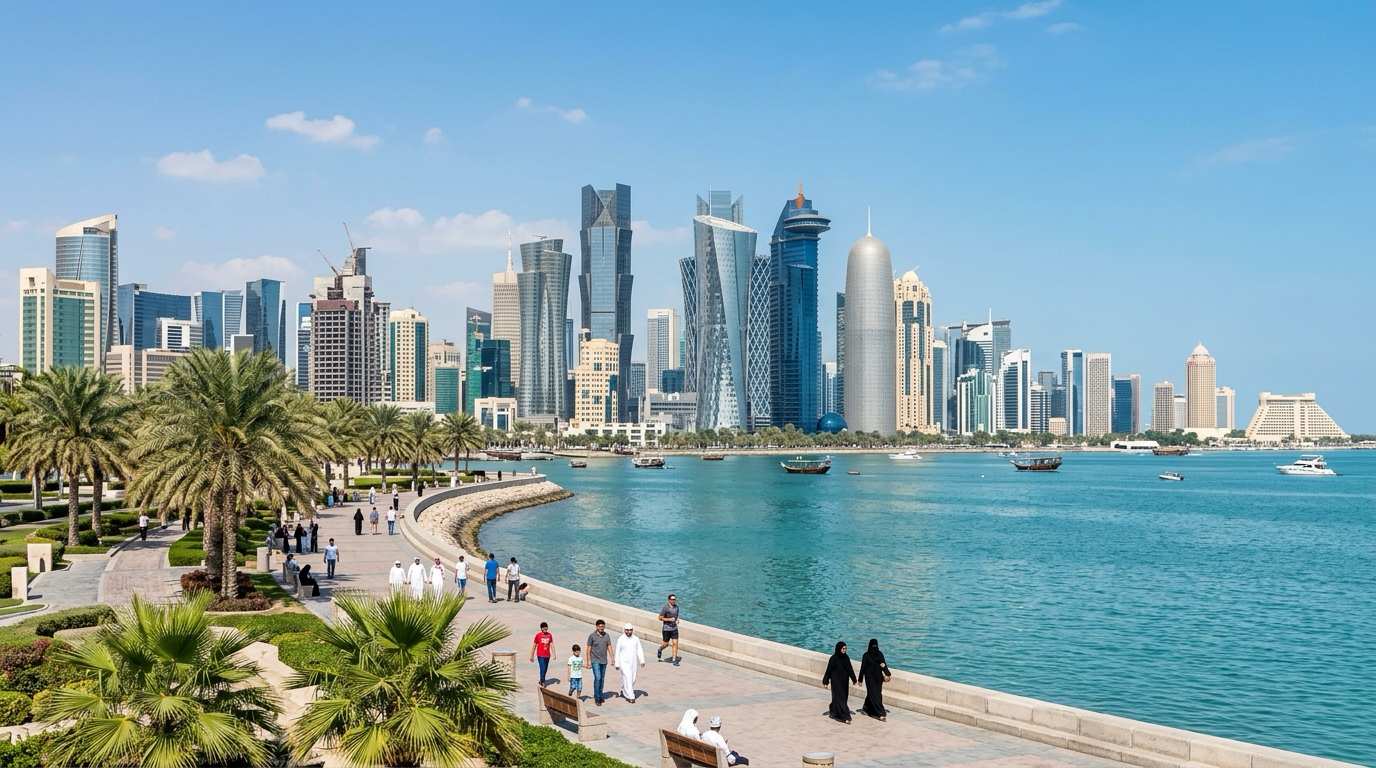 Футуристическая набережная Корниш и небоскребы West Bay в Дохе в Катаре