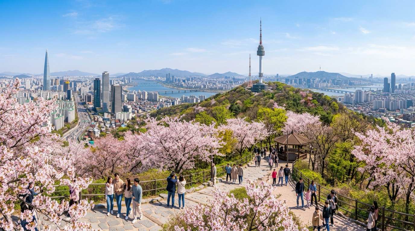 Панорамный вид на Сеул с телебашней N Seoul Tower в окружении цветущей весенней сакуры